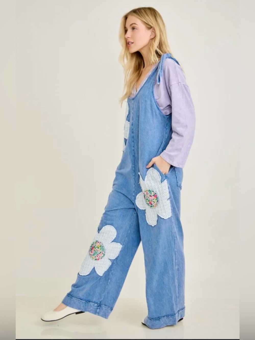 J. Her MINERAL WASHED FLOWER PATCHED BOW SPRING JUMPSUIT